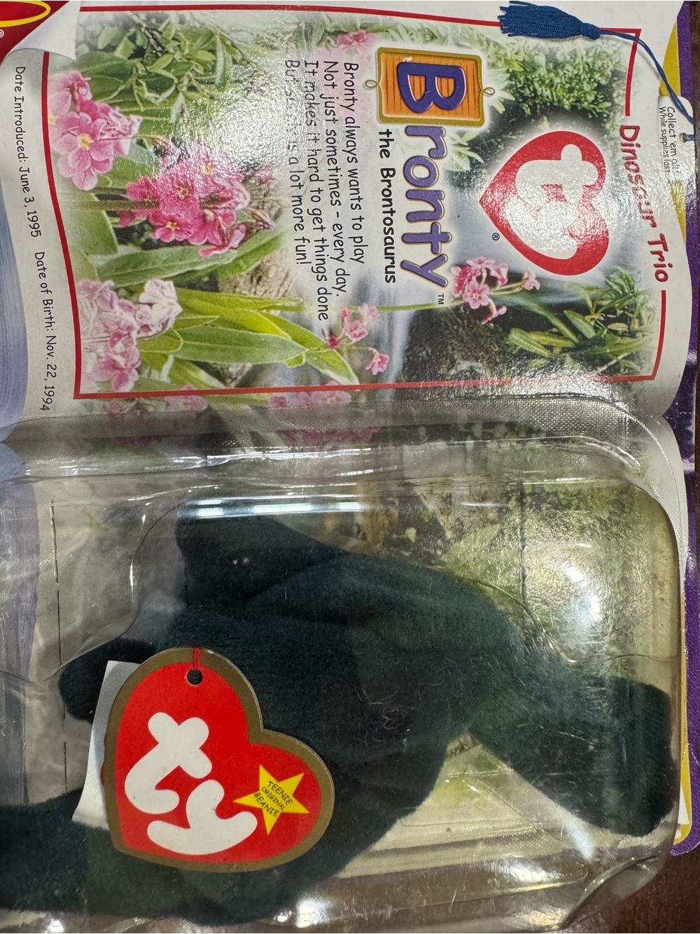 Ty Beanie Baby Bronty Plush Dinosaur - Dark Green 2000 vintage